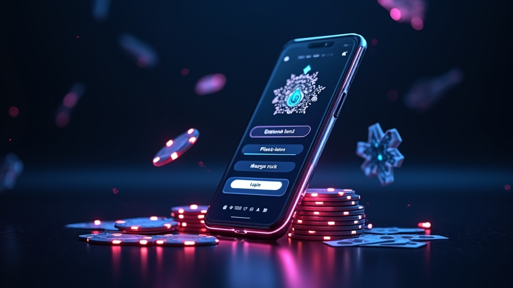 Telefono con schermate di accesso e navigazione dell'app in un casinò elegante e scuro