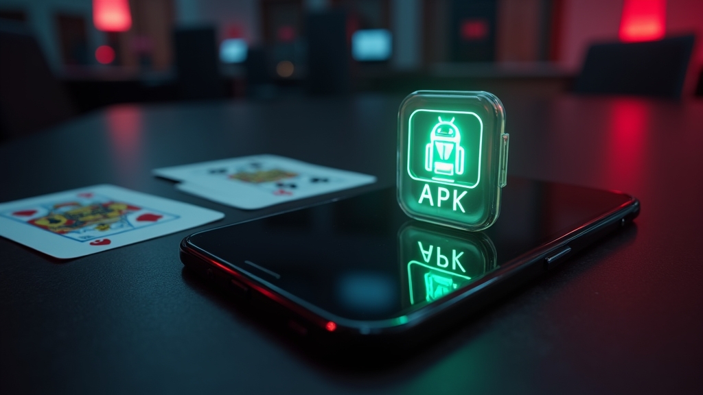 Telefono Android con file APK e simboli di compatibilità in un ambiente da casinò scuro