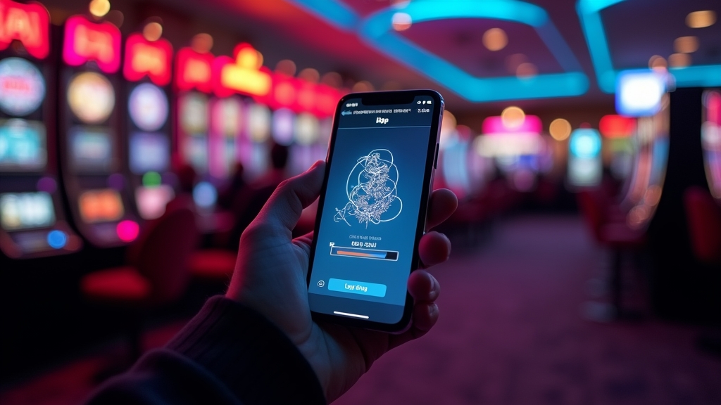 Smartphone con interfaccia dell'app e indicatori di prestazioni in ambiente casinò oscuro