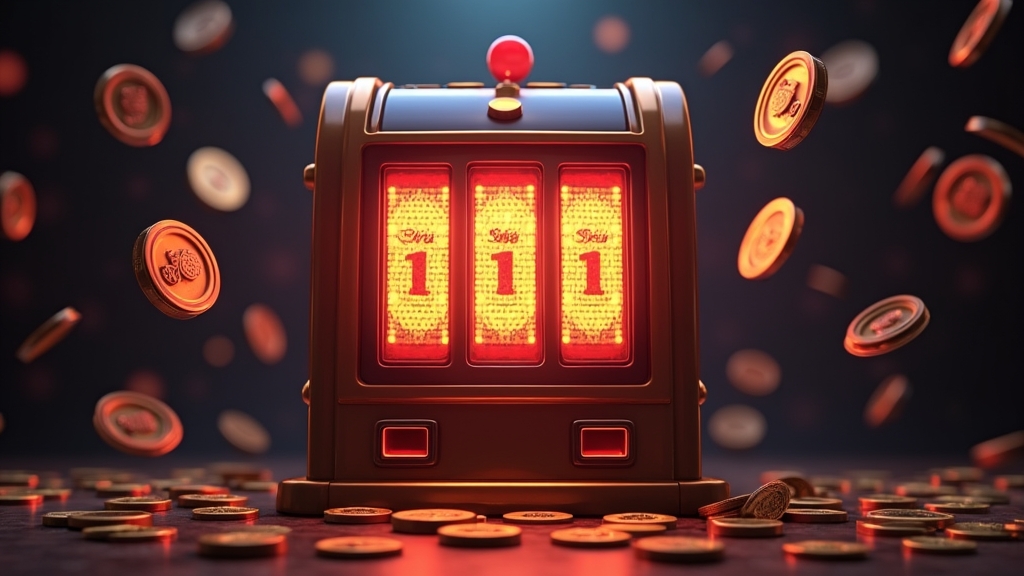 Slot machine con gettoni free spin e monete in un casinò scuro
