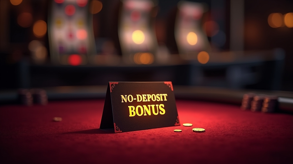 Carta bonus senza deposito in un casinò scuro con fiches e slot luminose