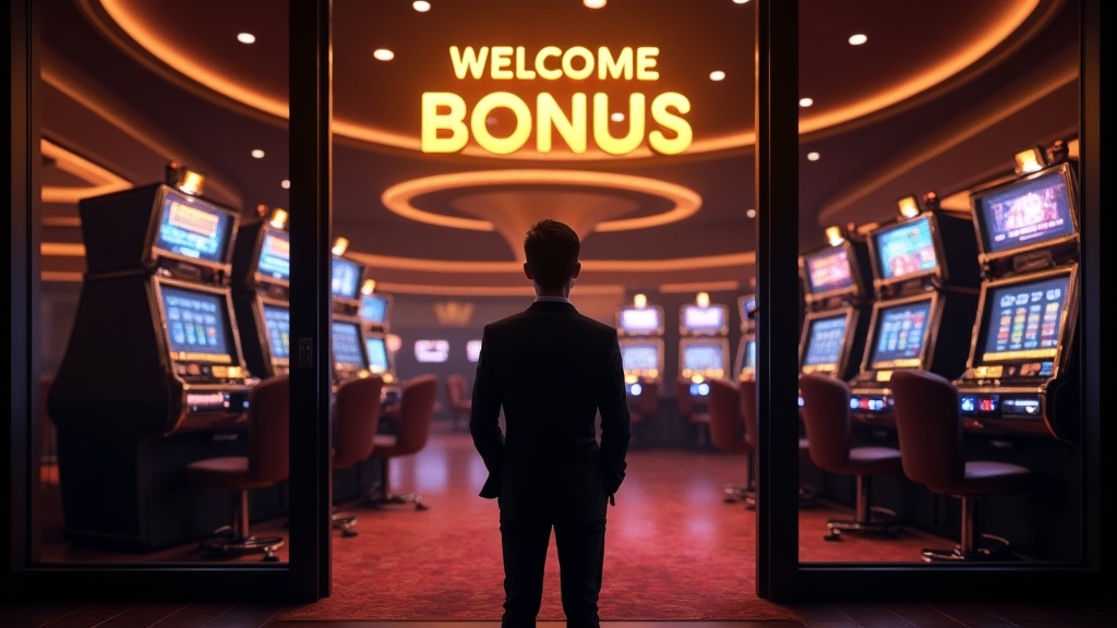Nuovo giocatore davanti al banco cassa con banner di benvenuto luminoso
