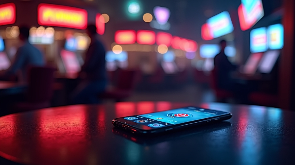 Smartphone Android con schermata di download e icone di sicurezza in un casinò neon